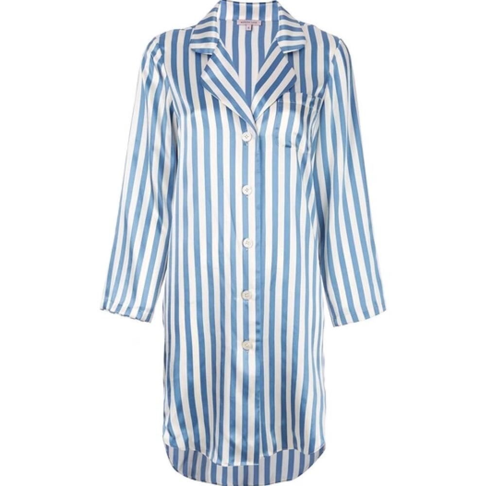 Morgan Lane Womens M Blue white Striped Silk Jillian Button Up Nightshirt PJs